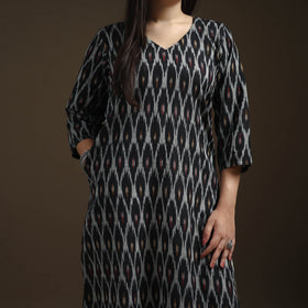 Black - Pochampally Ikat Cotton Long Kurta with Palazzo & Dupatta Suit Set for Women 14