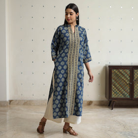 Ajrakh Block Print Cotton Straight Kurta with Patch for Women