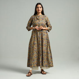 Buy Block Print Cotton A-Line Yellow Kalamkari Kurta for Women
