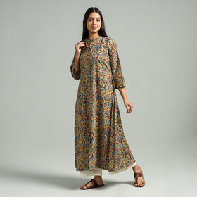 Buy Block Print Cotton A-Line Yellow Kalamkari Kurta for Women