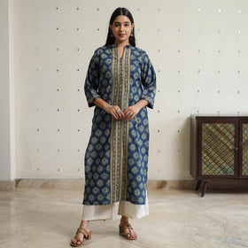 Ajrakh Block Print Cotton Straight Kurta with Patch for Women