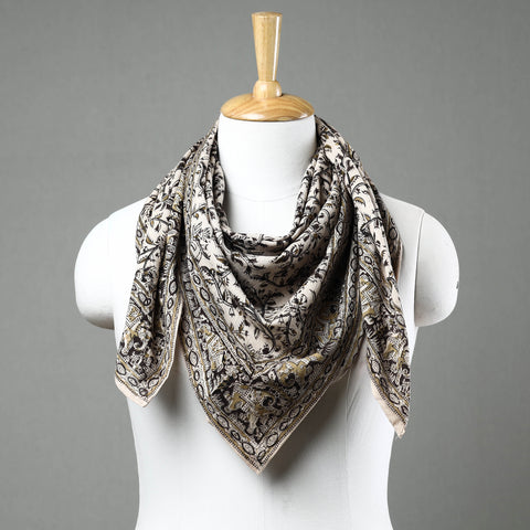 Beige Pedana Kalamkari Block Printed Natural Dyed Cotton Scarf