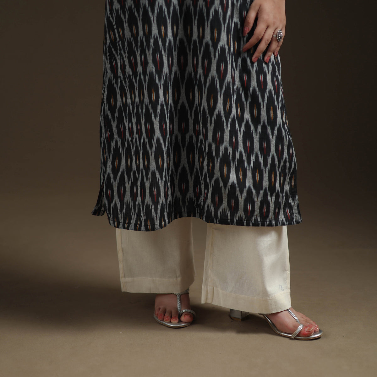 Black - Pochampally Ikat Cotton Long Kurta with Palazzo & Dupatta Suit Set for Women 14