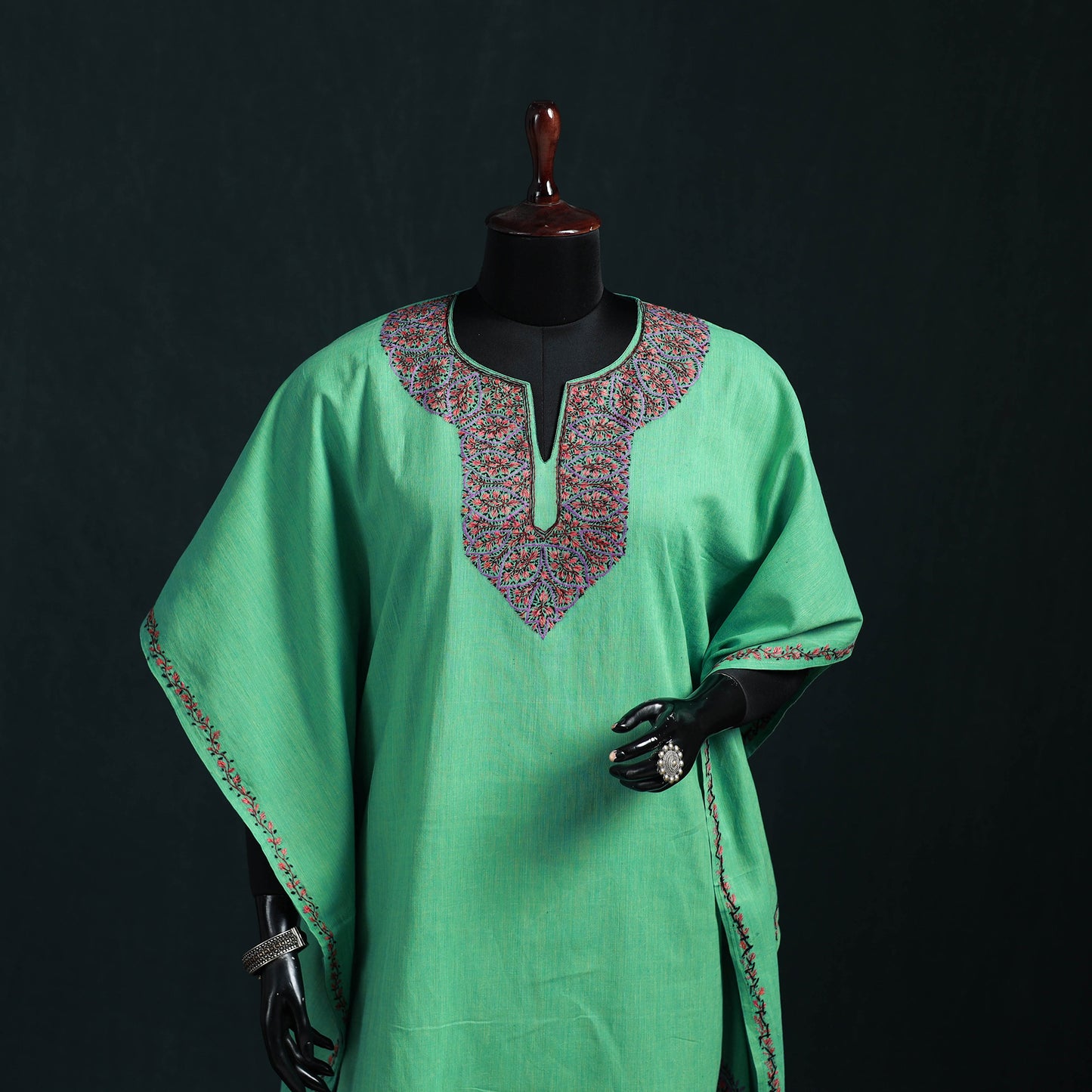 Green - Kashmiri Sozni Hand Embroidered Cotton Kaftan (Medium) 06