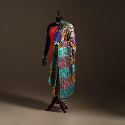 Multicolor - Bengal Hand Embroidery Patchwork Reversible Silk Kantha Dupatta 52