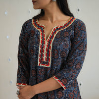 Blue - Block Printed Cotton Gota Work Long Ajrakh Kurta 14