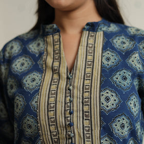 Ajrakh Block Print Cotton Straight Kurta with Patch for Women