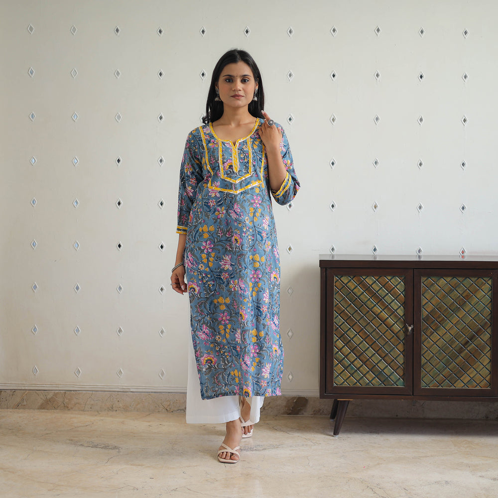 Blue - Block Printed Cotton Gota Work Long Sanganeri Kurta 05