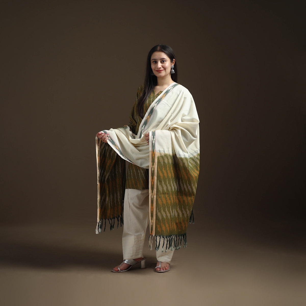 Green - Pochampally Ikat Cotton Short Kurta with Farsi Salwar & Dupatta Suit Set for Women 01