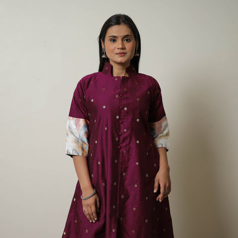 Purple - Polka Zari Butta Spun Dupion Silk A-Line Plain Kurta 08