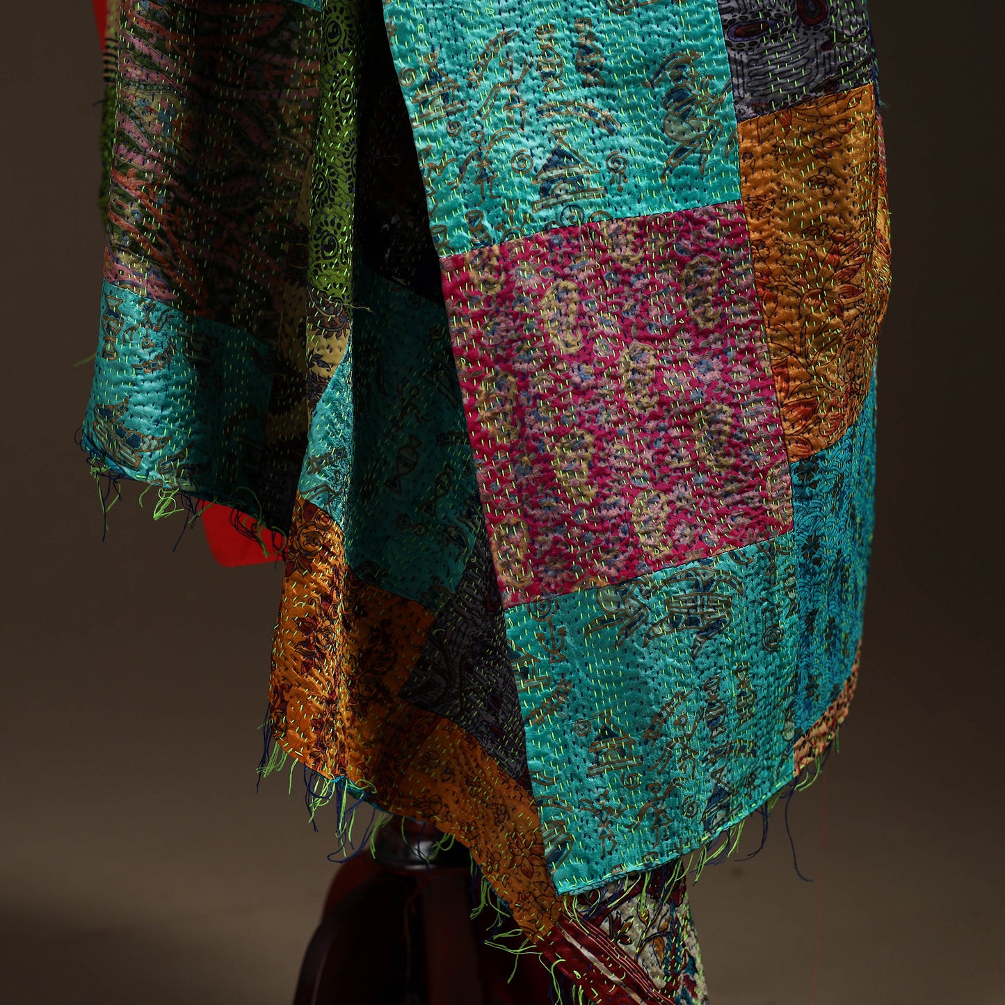 Multicolor - Bengal Hand Embroidery Patchwork Reversible Silk Kantha Dupatta 52