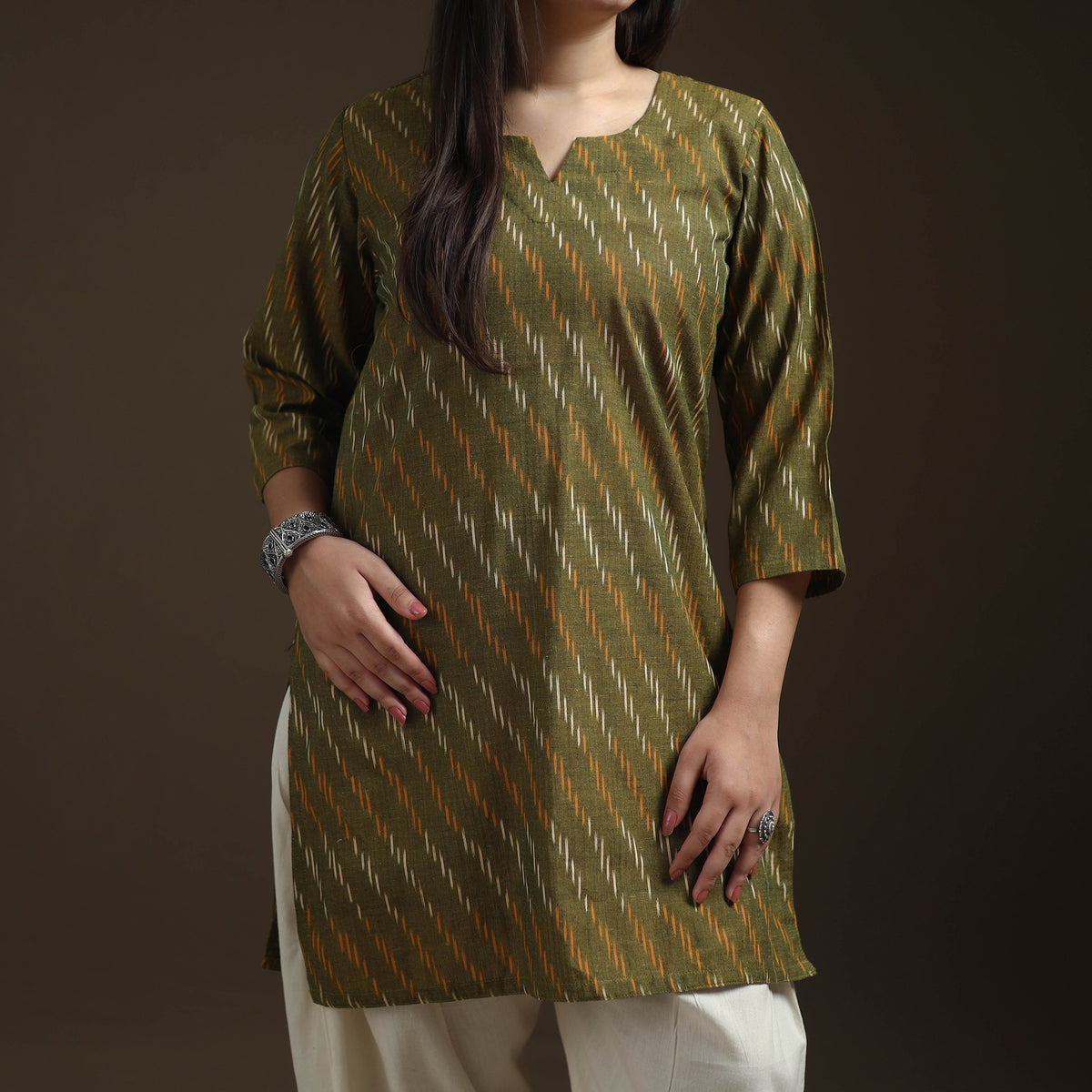 Green - Pochampally Ikat Cotton Short Kurta with Farsi Salwar & Dupatta Suit Set for Women 01