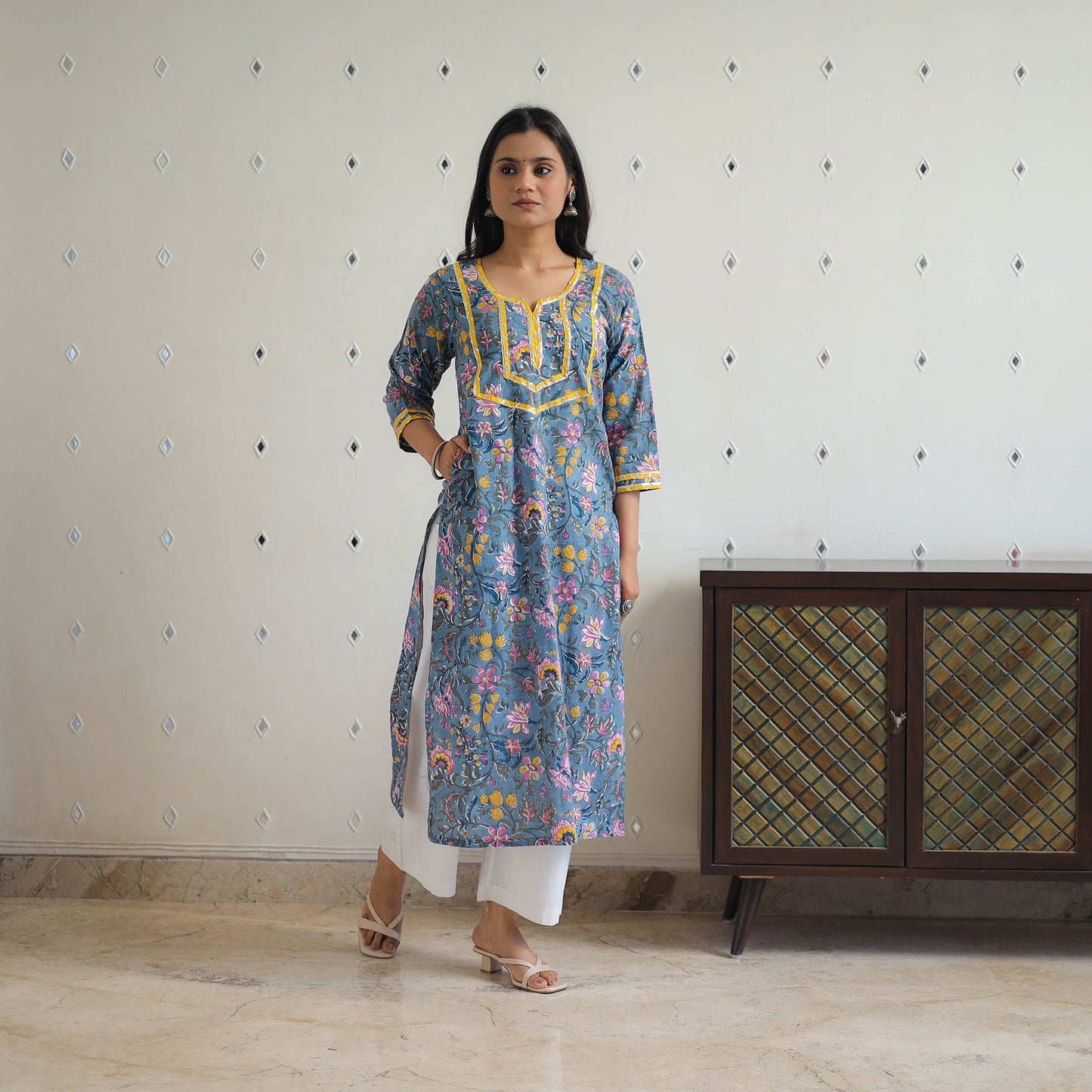 Blue - Block Printed Cotton Gota Work Long Sanganeri Kurta 05