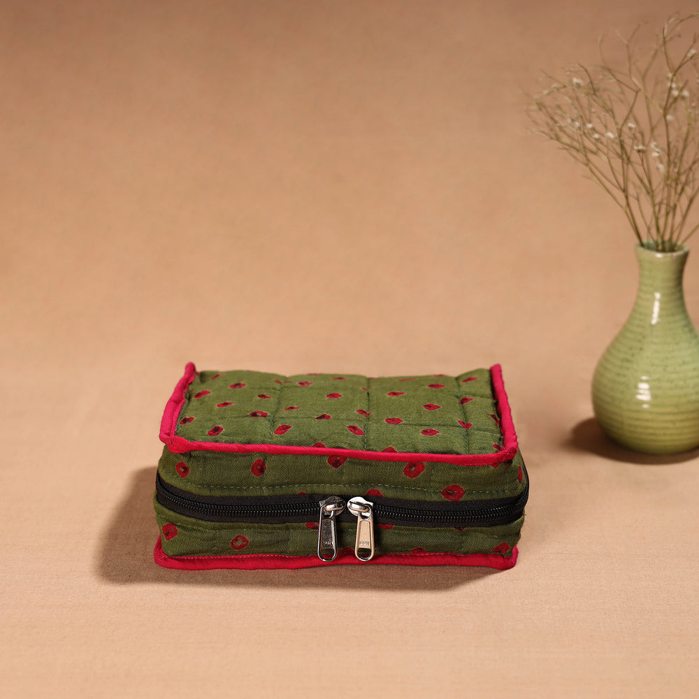 Green - Handmade 4 Pockets Cotton Jewellery Bag 09