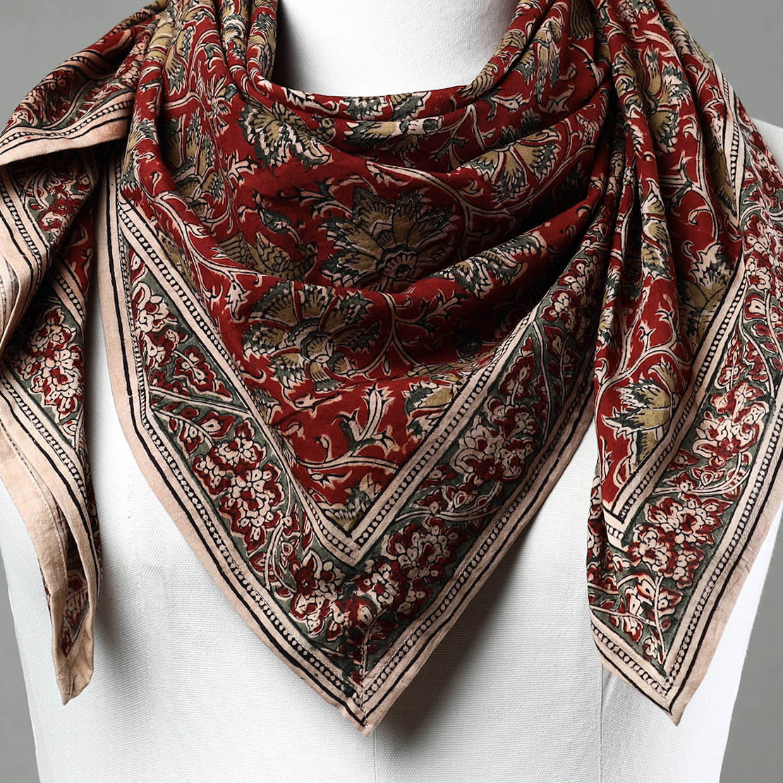 Red - Pedana Kalamkari Block Printed Natural Dyed Cotton Scarf 46