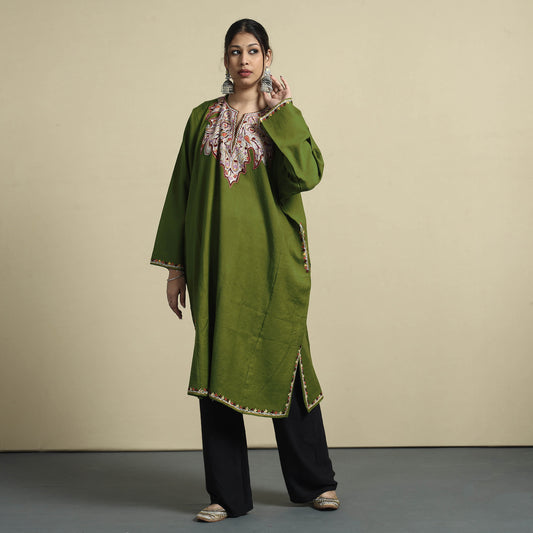 Green - Aari Embroidery Kashmiri Merino Wool Pheran