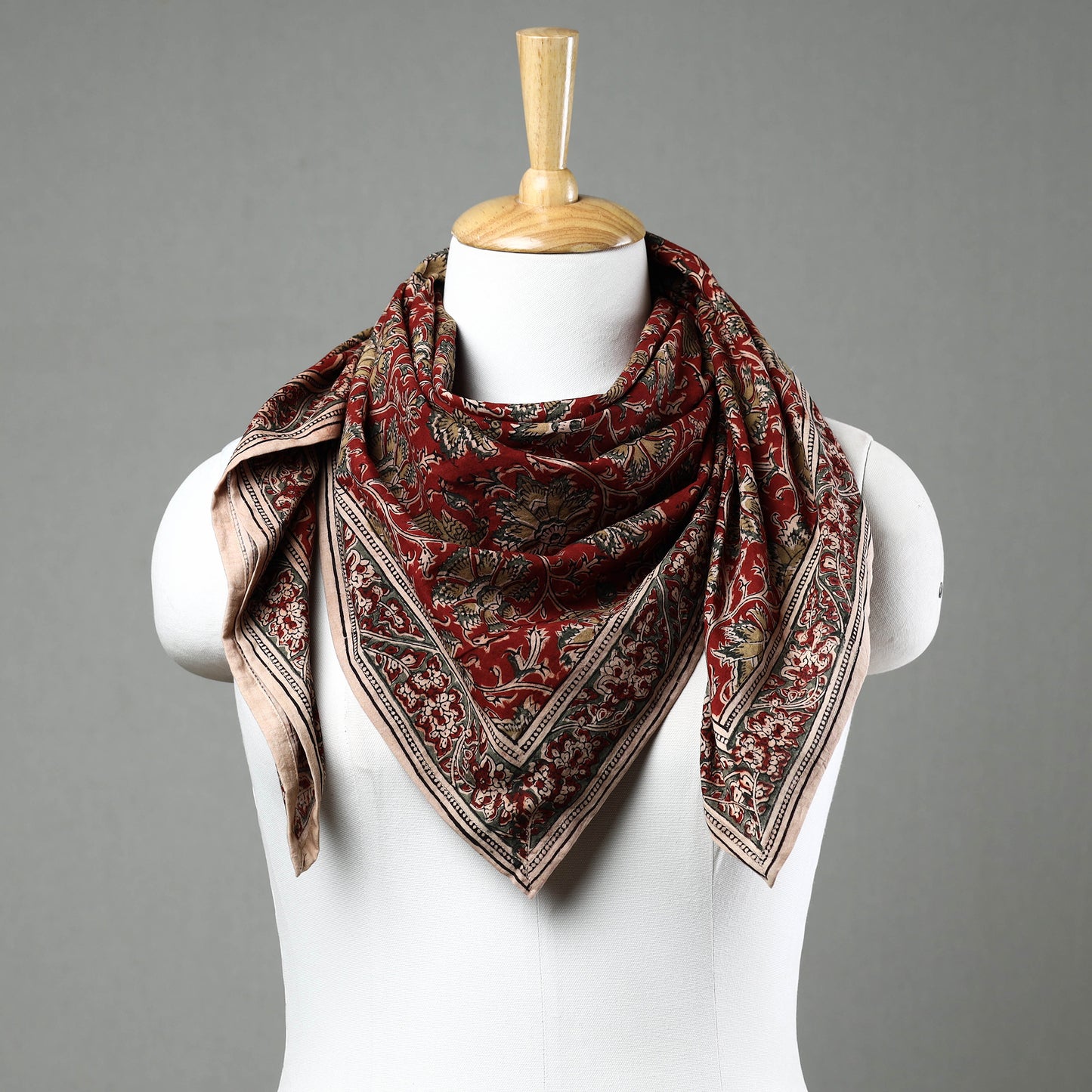 Red - Pedana Kalamkari Block Printed Natural Dyed Cotton Scarf 46