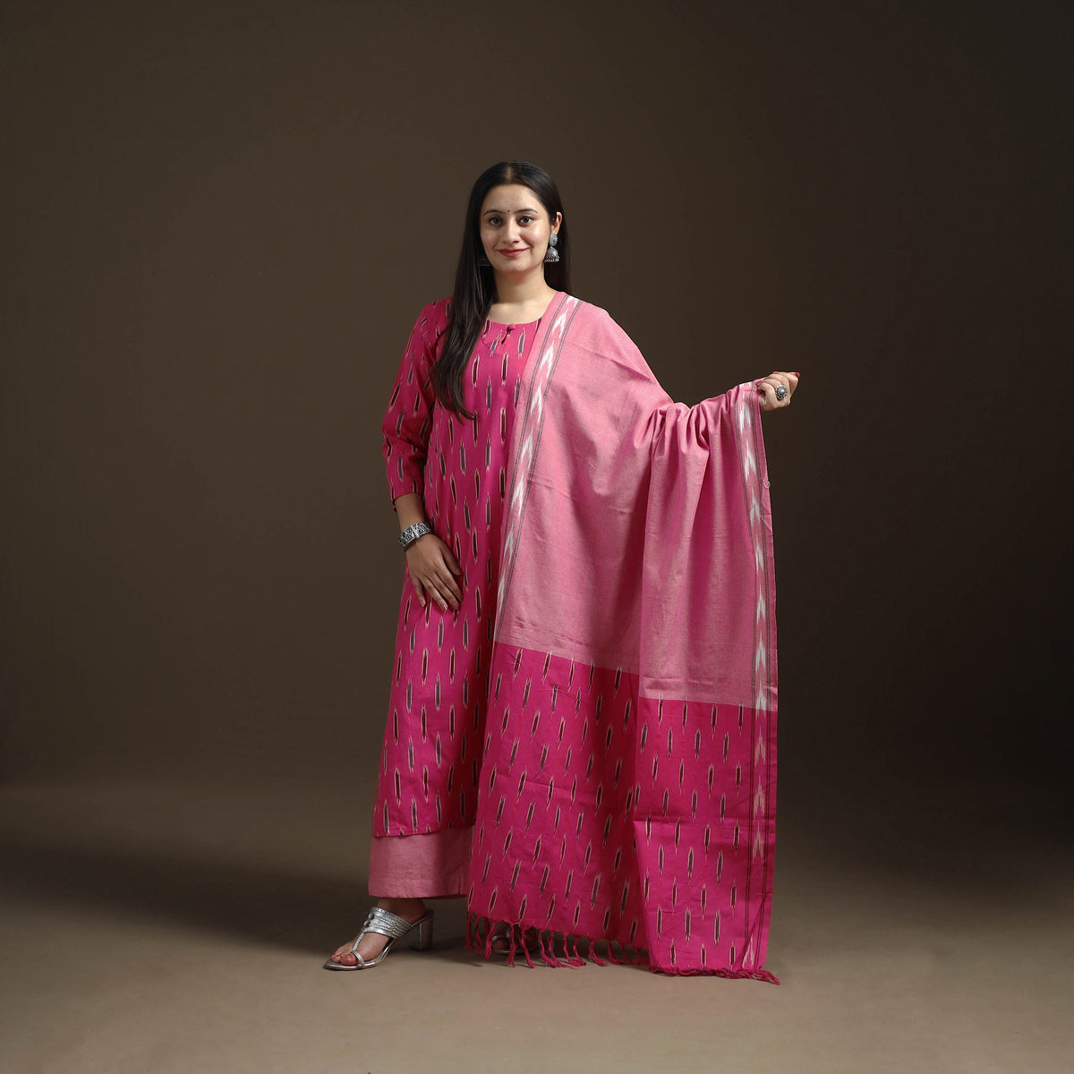 Pink - Pochampally Ikat Cotton Long Kurta with Palazzo & Dupatta Suit Set for Women 09
