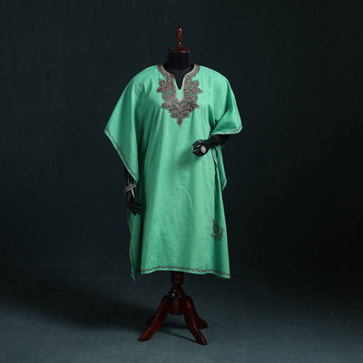 Green - Kashmiri Sozni Hand Embroidered Cotton Kaftan (Medium) 07