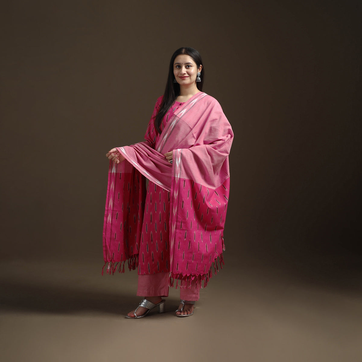 Pink - Pochampally Ikat Cotton Long Kurta with Palazzo & Dupatta Suit Set for Women 09