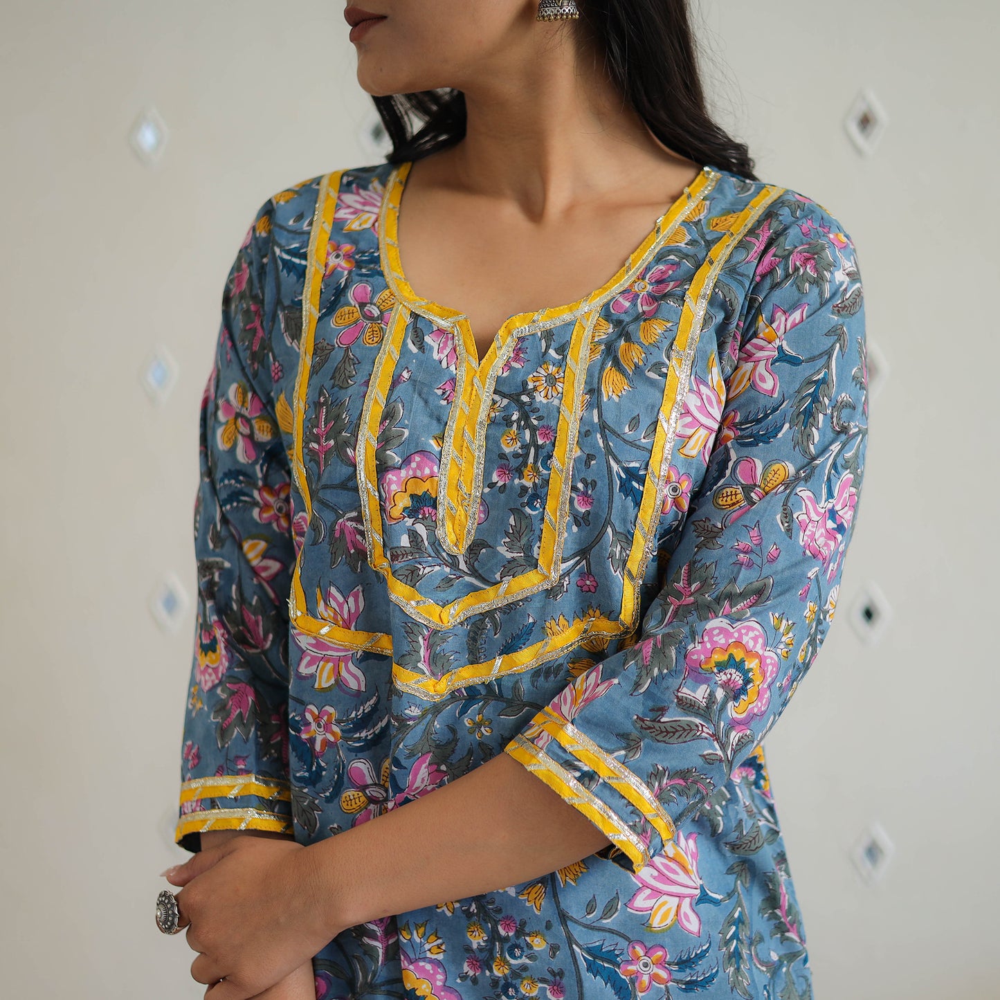 Blue - Block Printed Cotton Gota Work Long Sanganeri Kurta 05