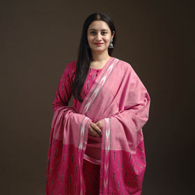 Pink - Pochampally Ikat Cotton Long Kurta with Palazzo & Dupatta Suit Set for Women 09