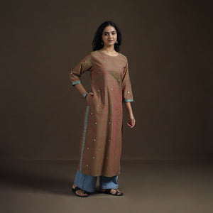 Brown - Mangalagiri Pure Handwoven Cotton Mirror Work Straight Long Kurta for women 16
