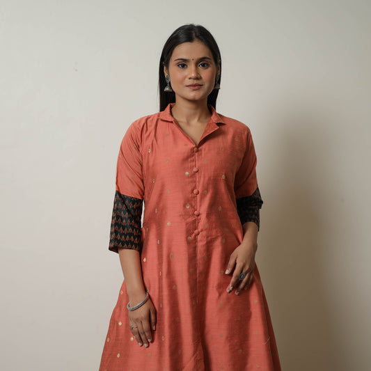 Orange - Polka Zari Butta Spun Dupion Silk A-Line Plain Kurta 10