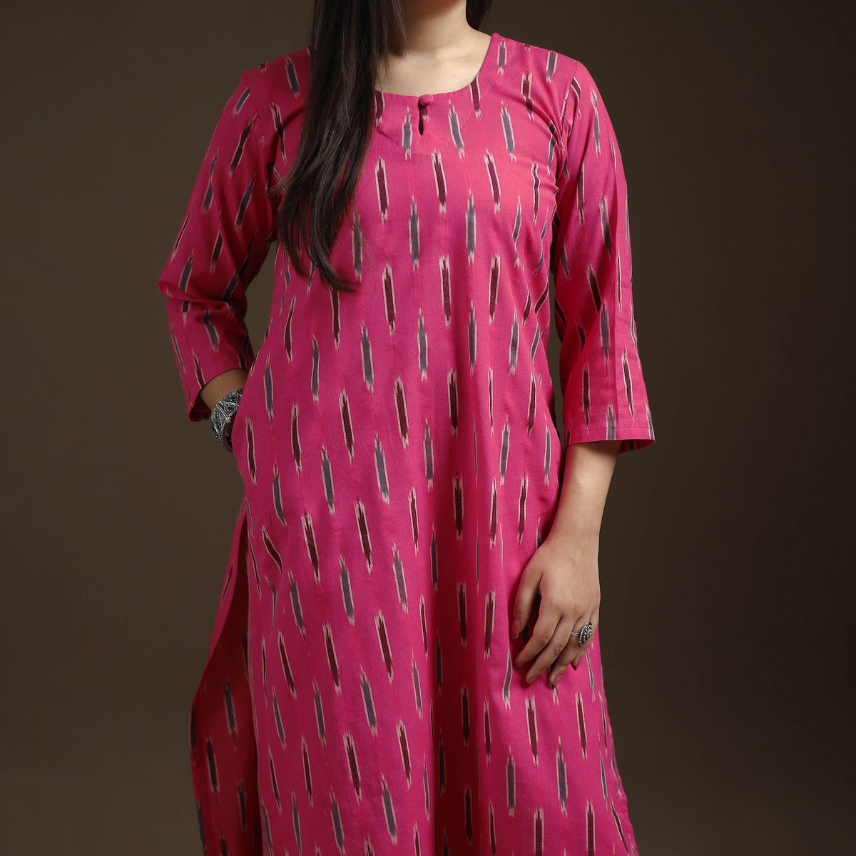 Pink - Pochampally Ikat Cotton Long Kurta with Palazzo & Dupatta Suit Set for Women 09