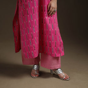 Pink - Pochampally Ikat Cotton Long Kurta with Palazzo & Dupatta Suit Set for Women 09