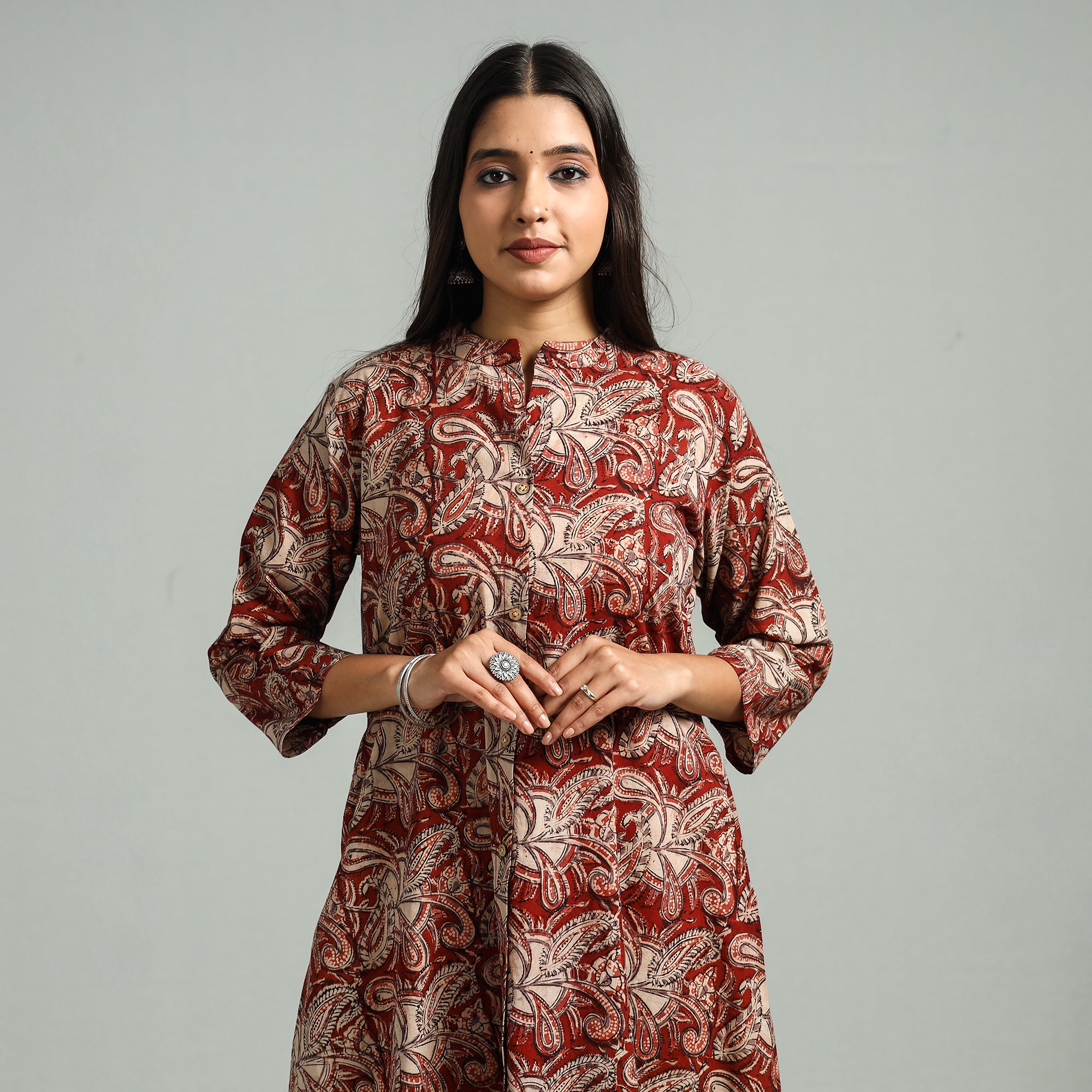 Red and yellow kalamkari silk double layered dress by Athira Designs | The  Secret Label