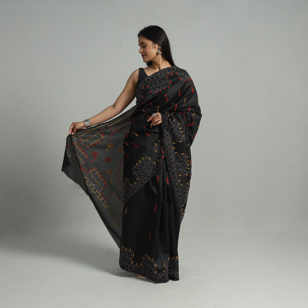 Black - Handcrafted Bengal Nakshi Kantha Work Silk Saree 33