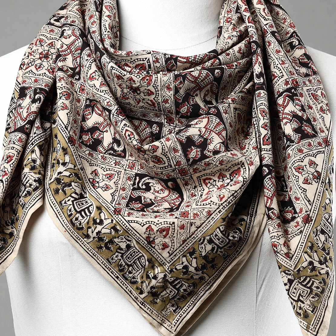 Multicolor - Pedana Kalamkari Block Printed Natural Dyed Cotton Scarf 51