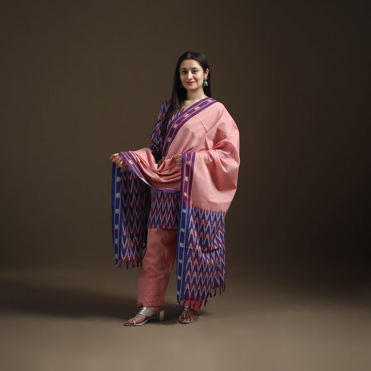 Multicolor - Pochampally Ikat Cotton Short Kurta with Farsi Salwar & Dupatta Suit Set for Women 02