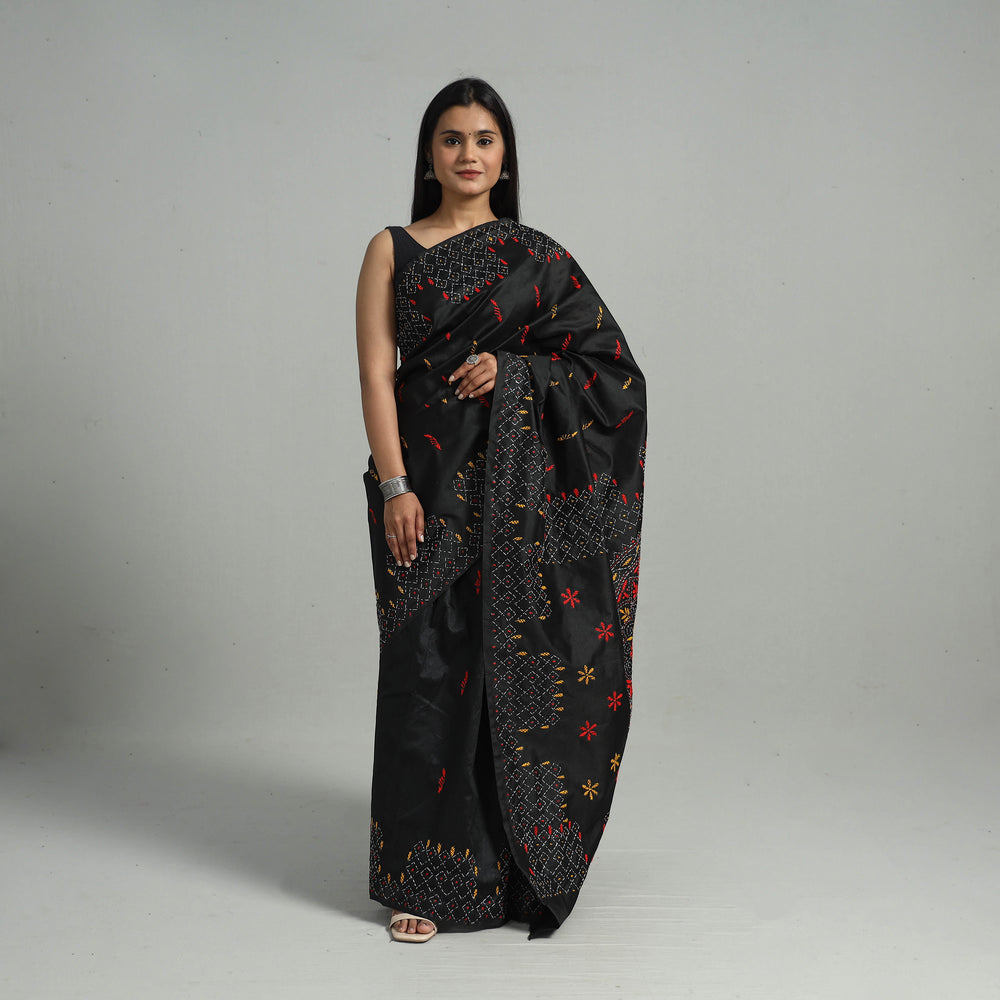 Black - Handcrafted Bengal Nakshi Kantha Work Silk Saree 33