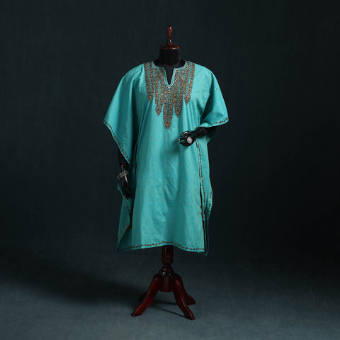 Blue - Kashmiri Kashida Hand Embroidered Cotton Kaftan (Medium) 08