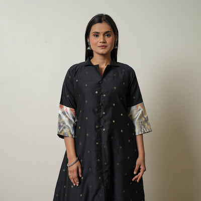 Black - Polka Zari Butta Spun Dupion Silk A-Line Plain Kurta 09