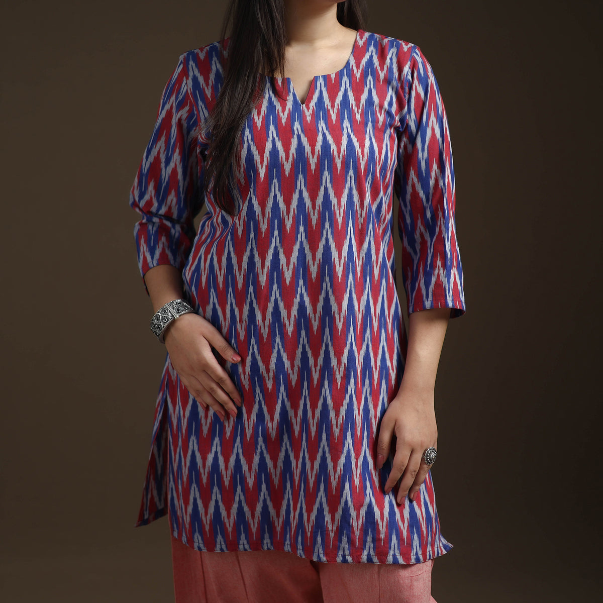 Multicolor - Pochampally Ikat Cotton Short Kurta with Farsi Salwar & Dupatta Suit Set for Women 02