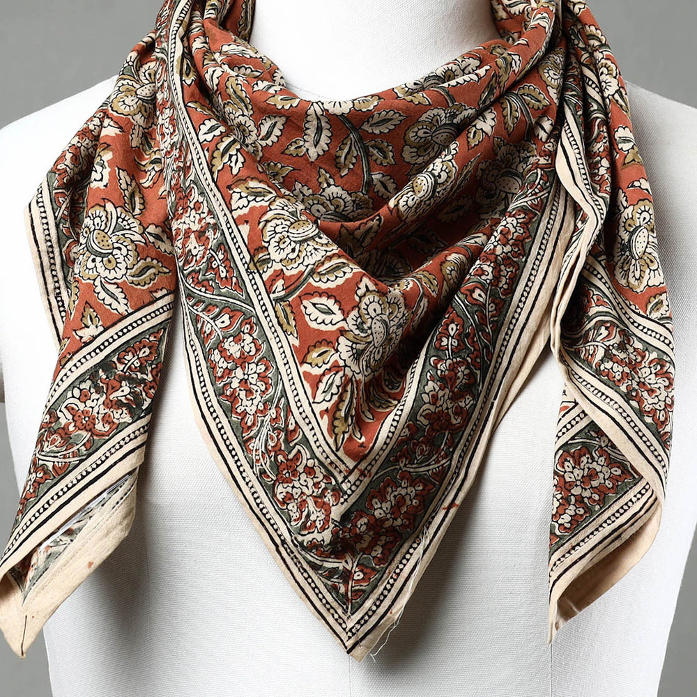 Orange - Pedana Kalamkari Block Printed Natural Dyed Cotton Scarf 54