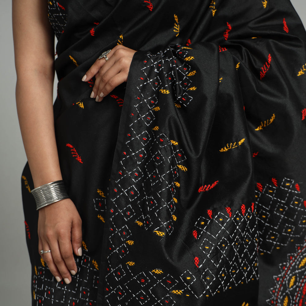 Black - Handcrafted Bengal Nakshi Kantha Work Silk Saree 33