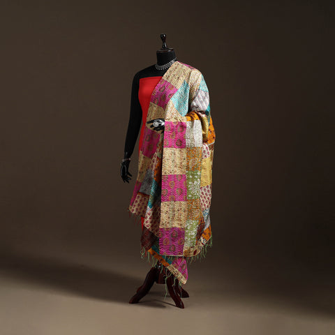 Bengal Hand Embroidery Patchwork Reversible Silk Kantha Dupatta 55