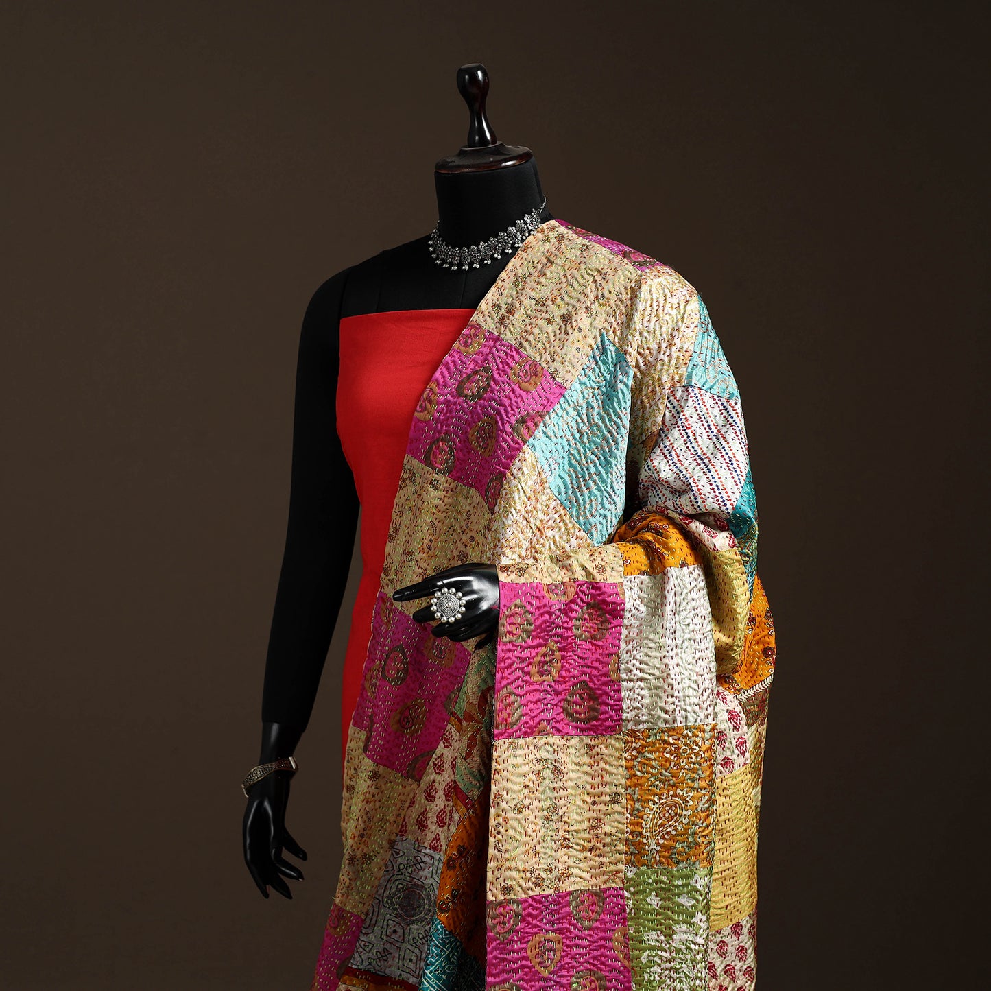 Bengal Hand Embroidery Patchwork Reversible Silk Kantha Dupatta 55