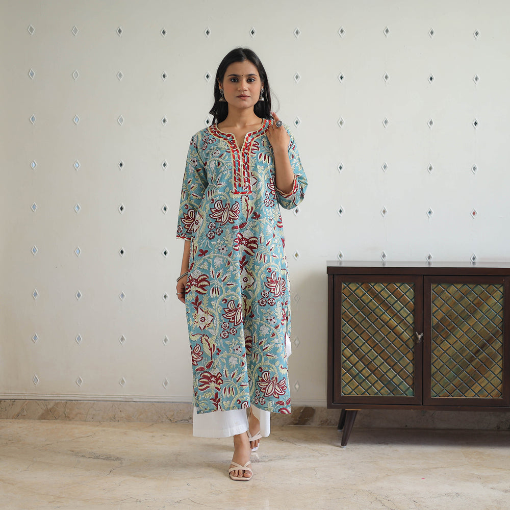 Blue - Block Printed Cotton Gota Work Long Sanganeri Kurta 01