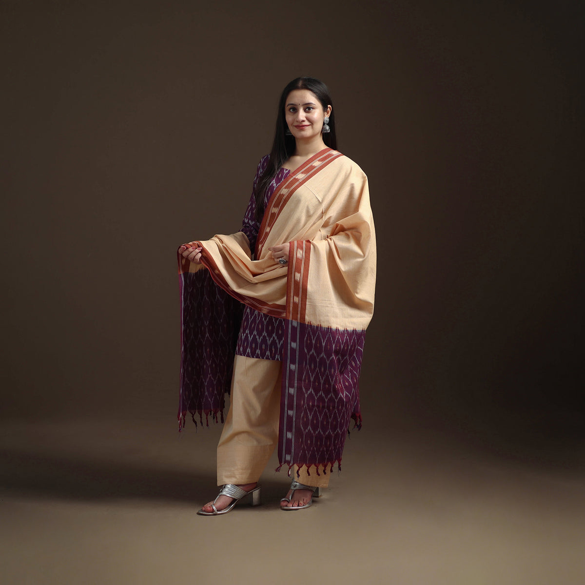 Purple - Pochampally Ikat Cotton Short Kurta with Farsi Salwar & Dupatta Suit Set for Women 04