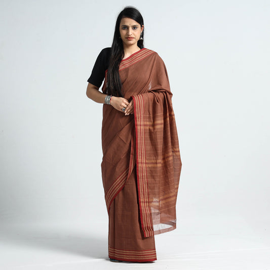 Brown - Traditional Challapalli Handloom Cotton Saree with Thread Border