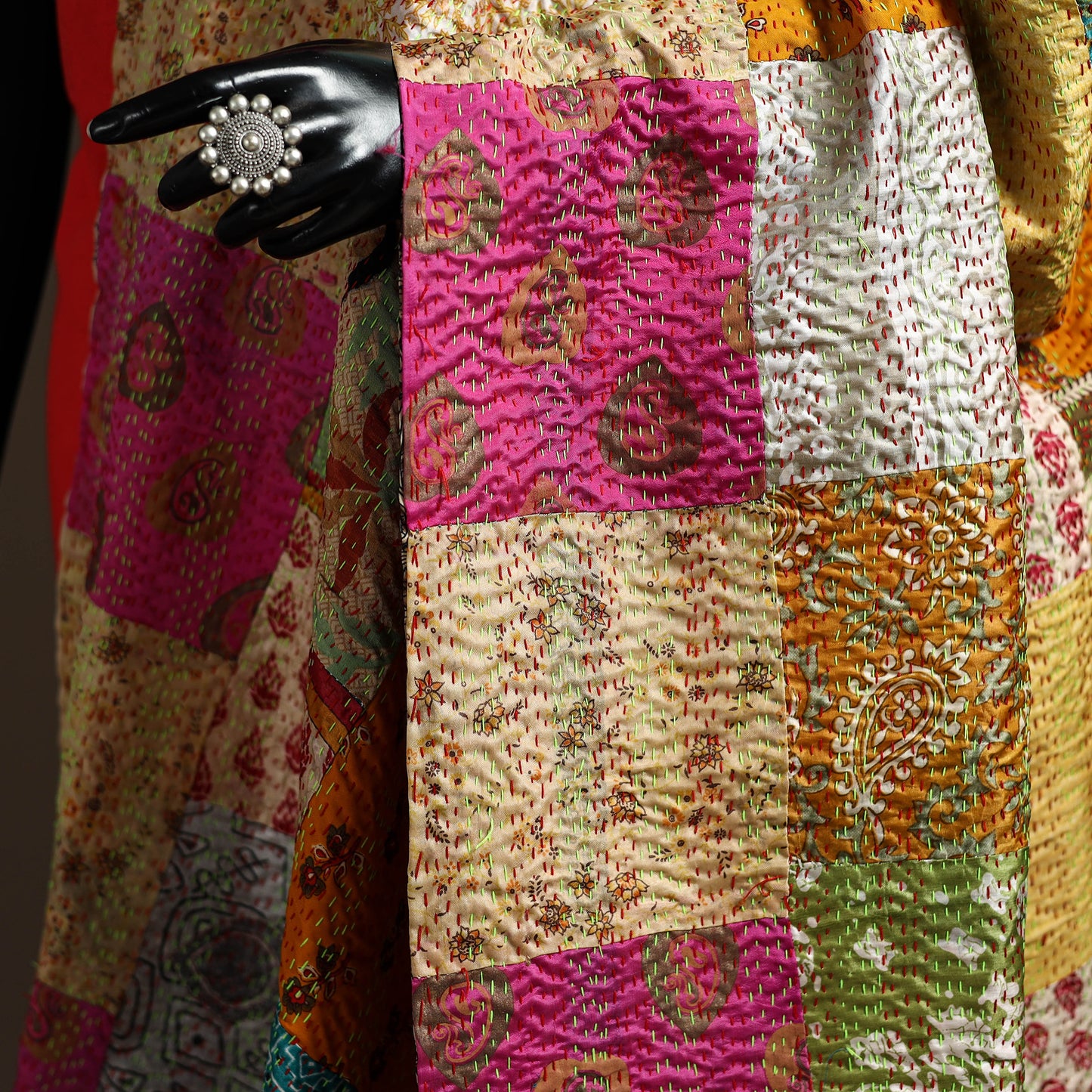 Bengal Hand Embroidery Patchwork Reversible Silk Kantha Dupatta 55