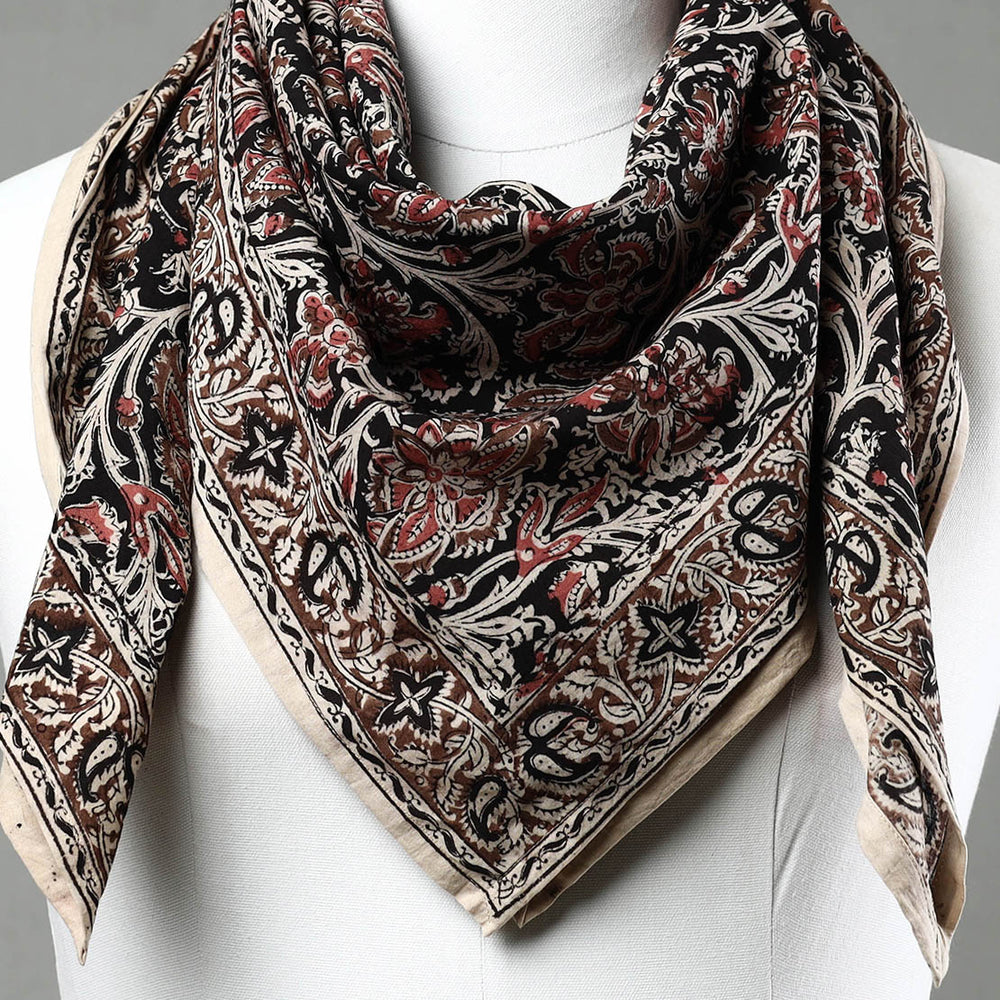 Black - Pedana Kalamkari Block Printed Natural Dyed Cotton Scarf 57