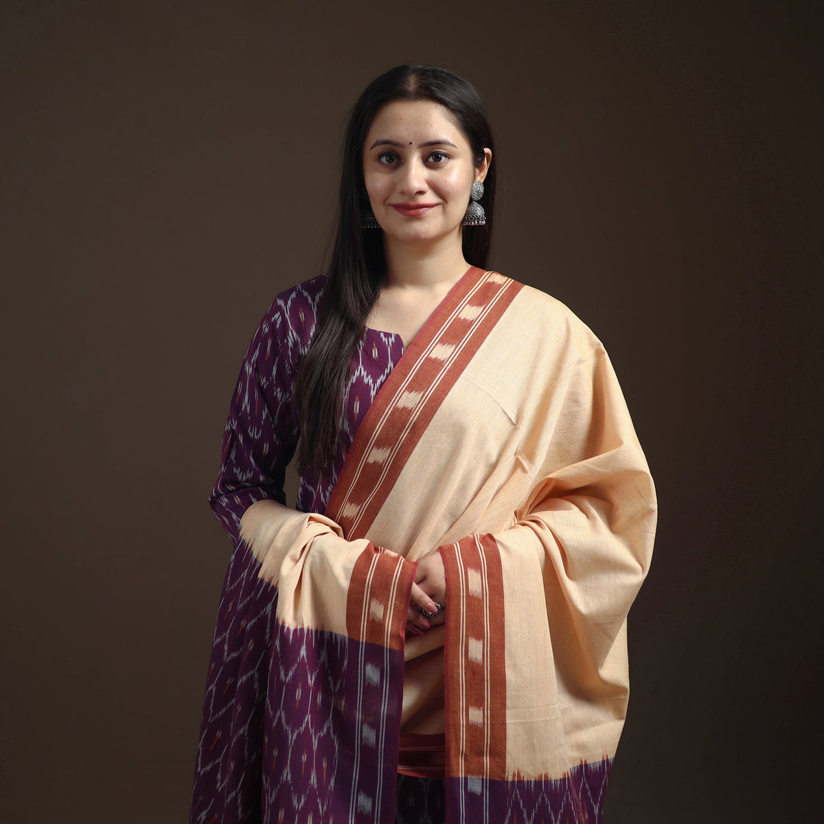 Purple - Pochampally Ikat Cotton Short Kurta with Farsi Salwar & Dupatta Suit Set for Women 04