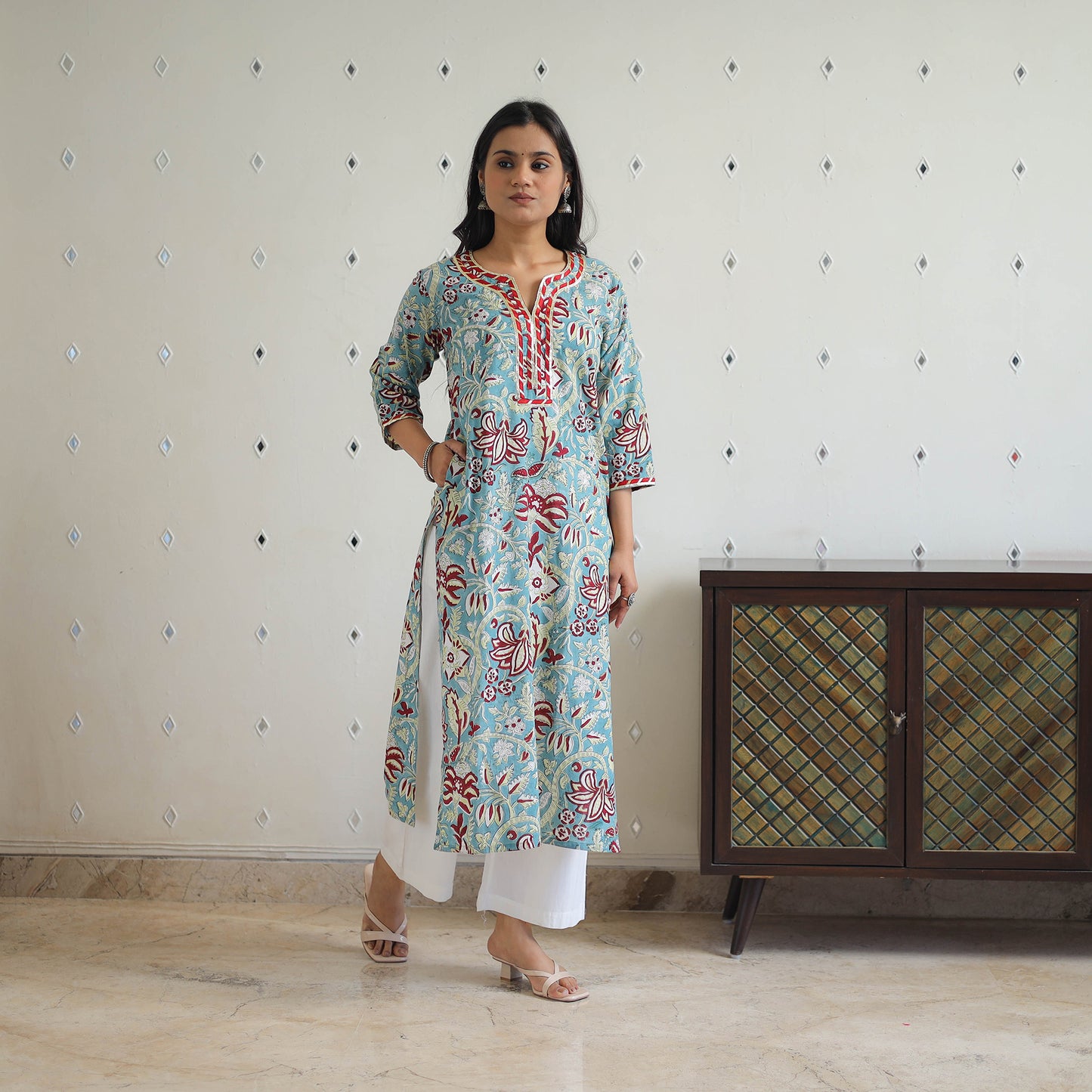 Blue - Block Printed Cotton Gota Work Long Sanganeri Kurta 01