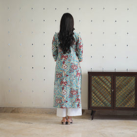 Blue Block Printed Cotton Gota Work Long Sanganeri Kurta